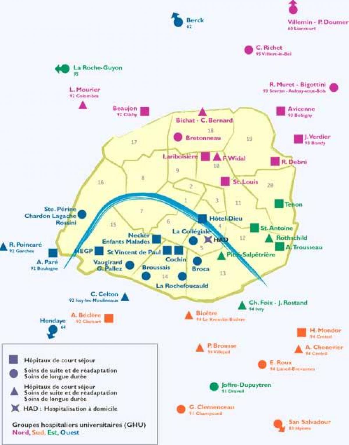O mapa de Paris hospitais
