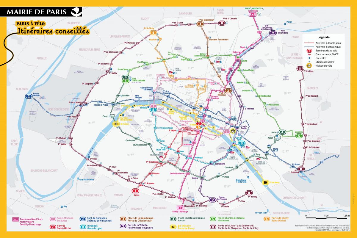 O mapa de Paris passeio de bicicleta